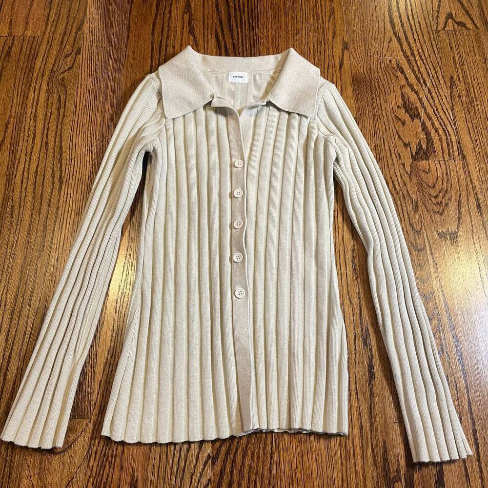 Aureum Ribbed Collared Long Sleeve Button-Up Knit Top